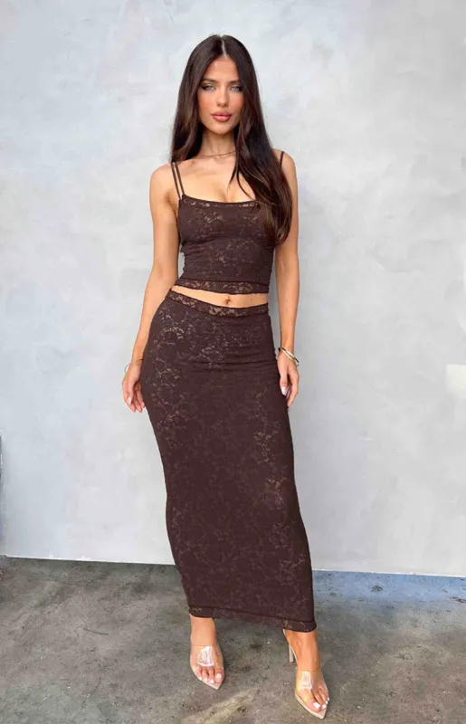 Willow Brown Lace Midi Skirt sold by Beginning Boutique