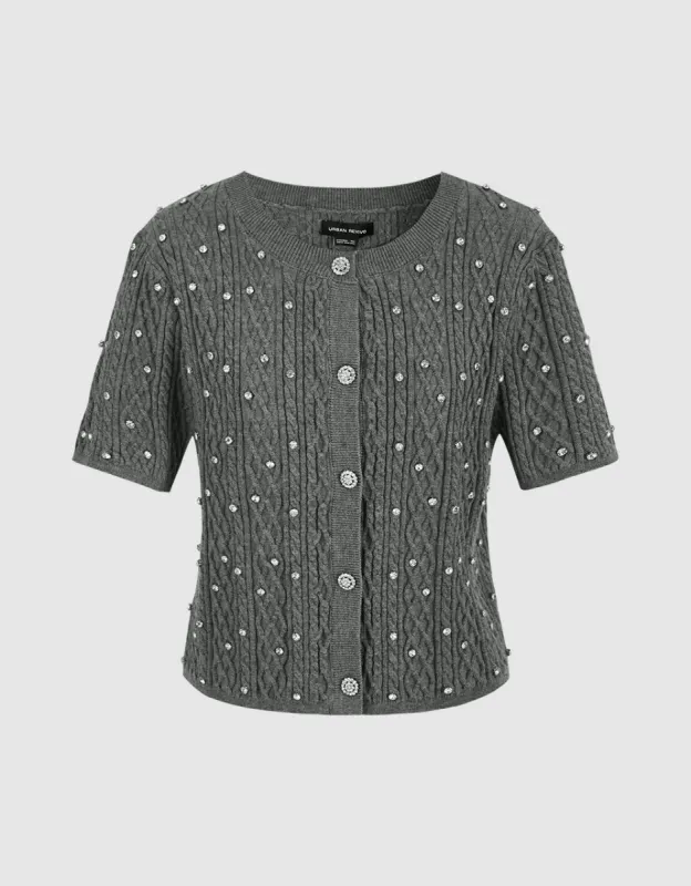 Rhinestone Décor Crew Neck Knitted Cardigan sold by Urban Revivo