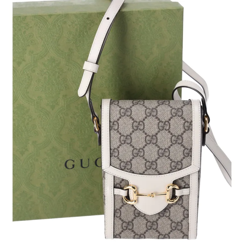 GUCCI GG Supreme Mini Horsebit 1955 Phone Crossbody Bag Beige Ebony sold by Gaby's Bags