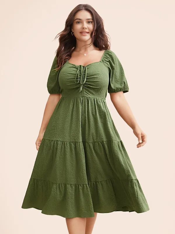 Textured Drawstring Ruffle Layered Hem Dress sold by Bloomchic