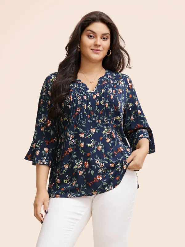 Ditsy Floral Pleated Flutter Sleeve Blouse sold by Bloomchic