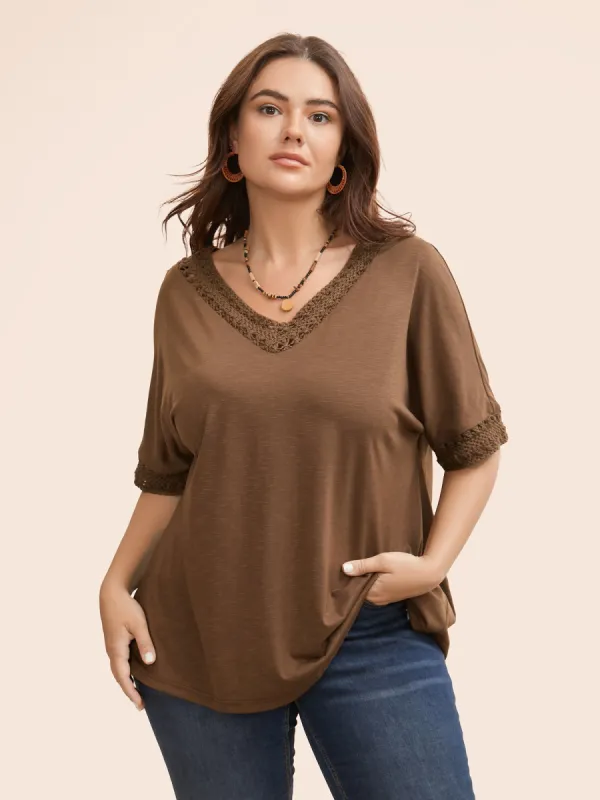 V Neck Woven Ribbon Dolman Sleeve T-shirt sold by Bloomchic