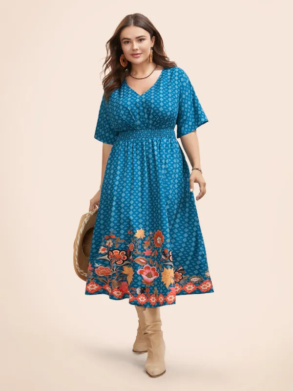 Boho Print Shirred Pleated Dolman Sleeve Dress sold by Bloomchic
