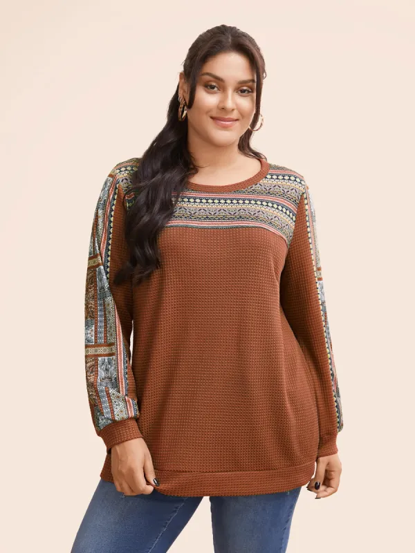 Boho Print Patchwork Waffle Knit Crew Neck Sweatshirt sold by Bloomchic