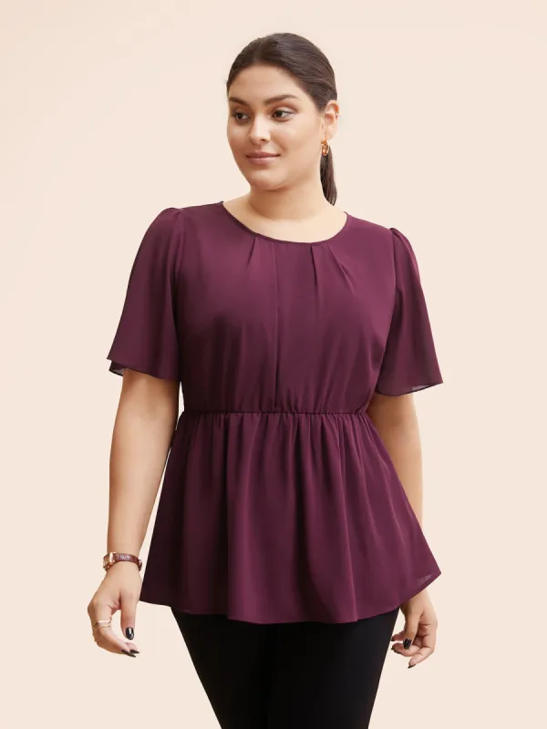 Solid Elastic Waist Ruffle Sleeve Blouse sold by Bloomchic