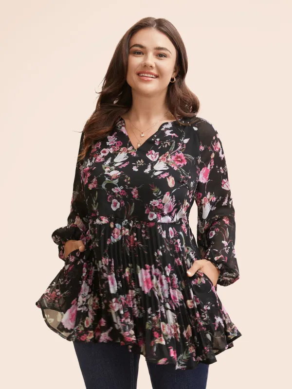 Chiffon Floral Pleated Pocket Blouse sold by Bloomchic