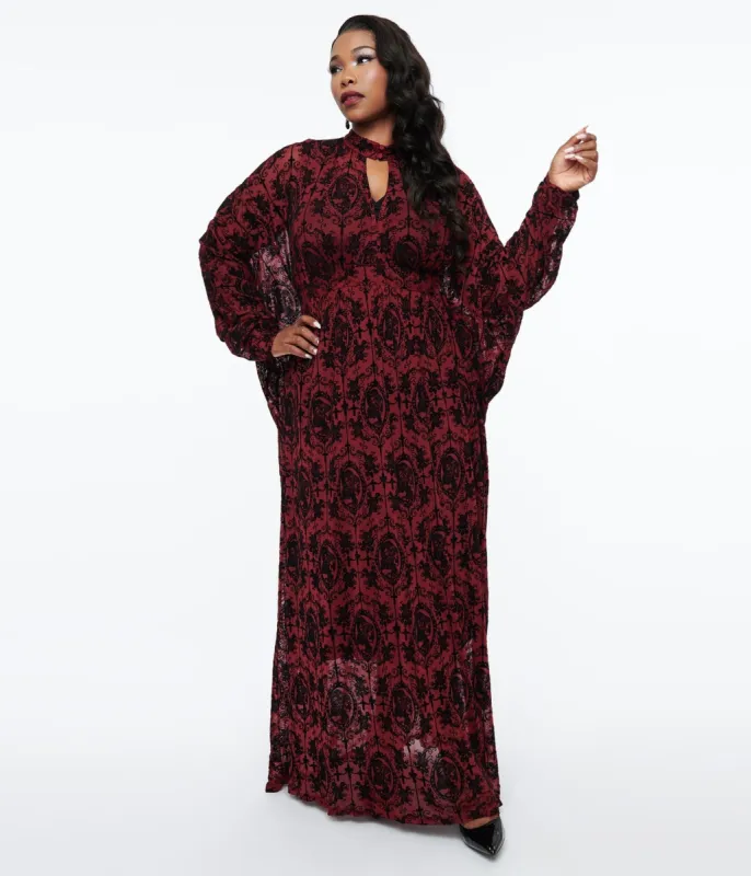 Unique Vintage 1970s La Caterina Burgundy High Neck Caftan sold by Unique Vintage
