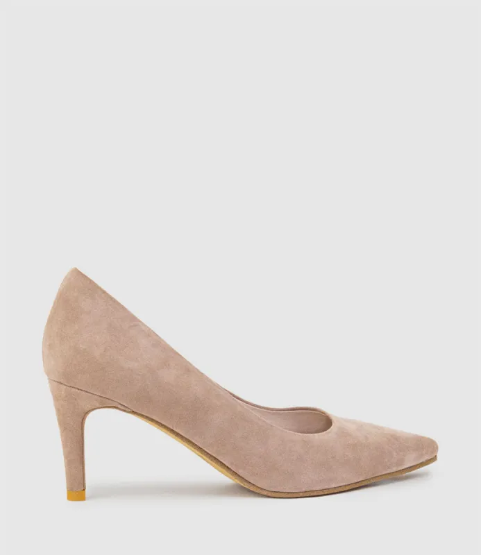 ADRIA 75mm Pointed Toe Pump in Nude Suede sold by Edward Meller