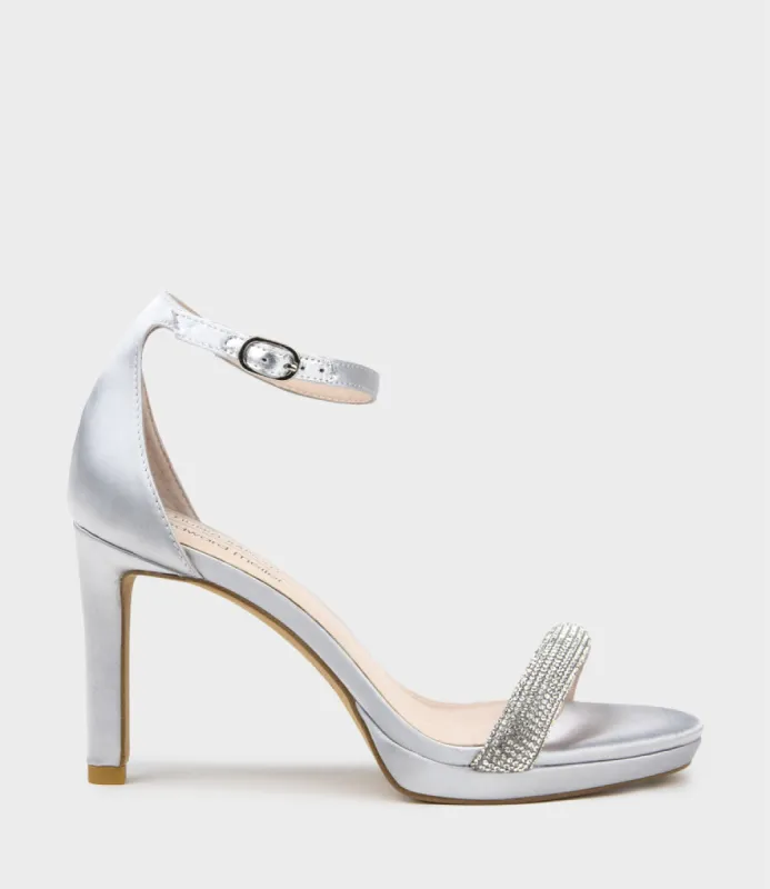 SATINA90 Diamond Band Sandal Platform Sandal in Silver Satin sold by Edward Meller