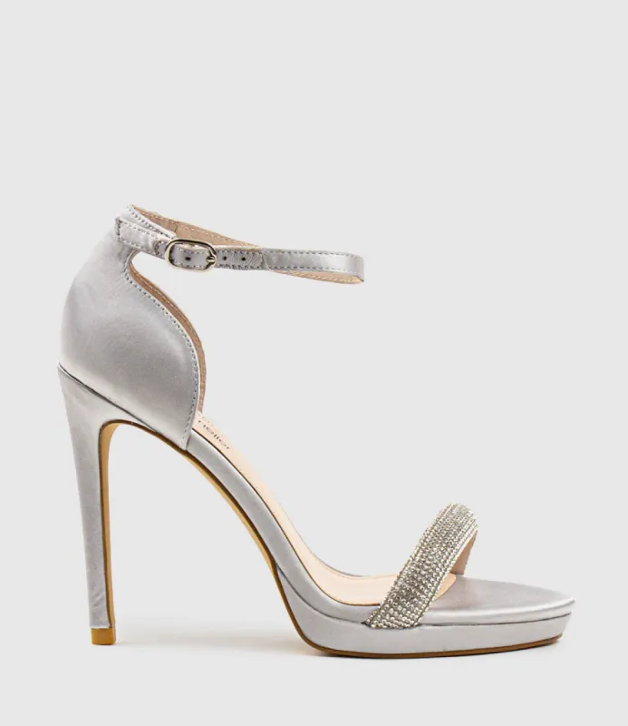 WISTFUL110 Diamond Band Platform Sandal in Silver Satin sold by Edward Meller