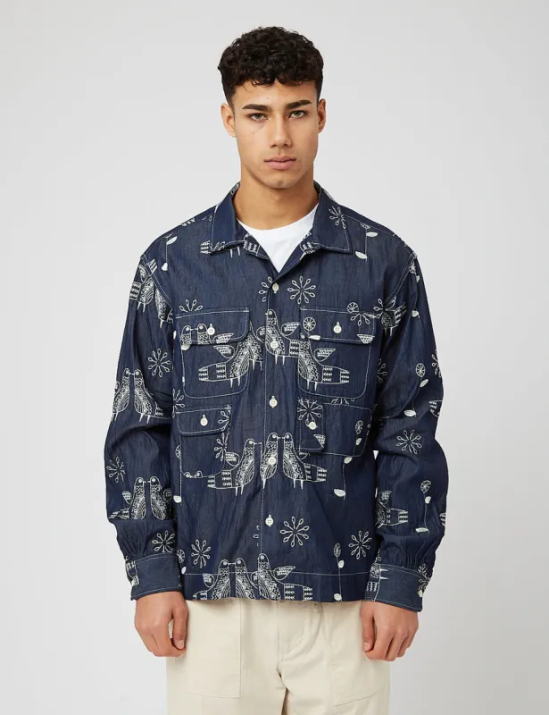 Engineered Garments Bowling Shirt (Denim) - Indigo Blue Bird Embroidery sold by Article London