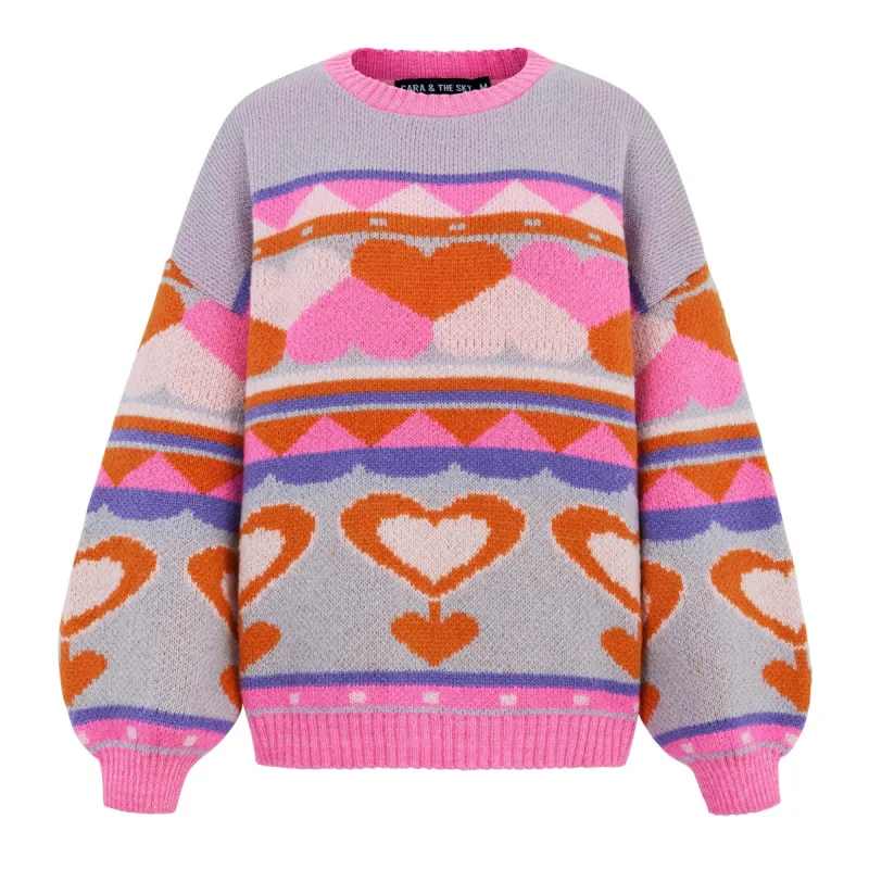 Poppy Heart Intarsia Balloon Sleeve Oversized Jumper - Blue sold by Cara & The Sky