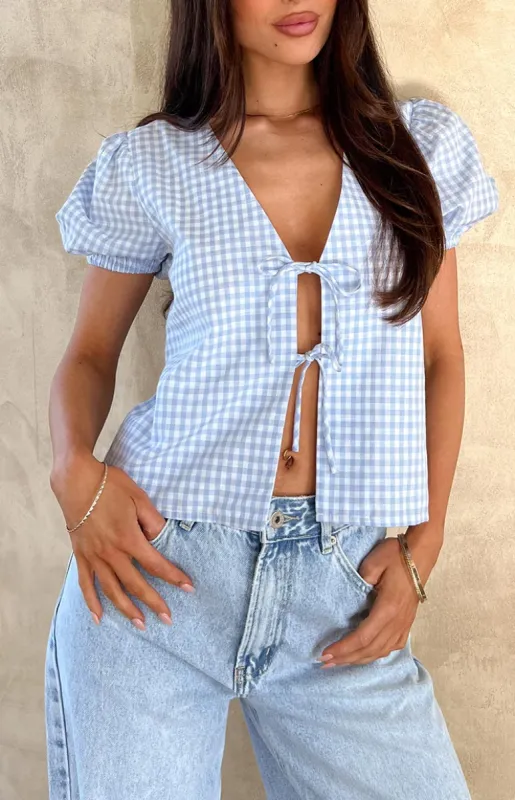 Lunya Blue Gingham Tie Up Top sold by Beginning Boutique