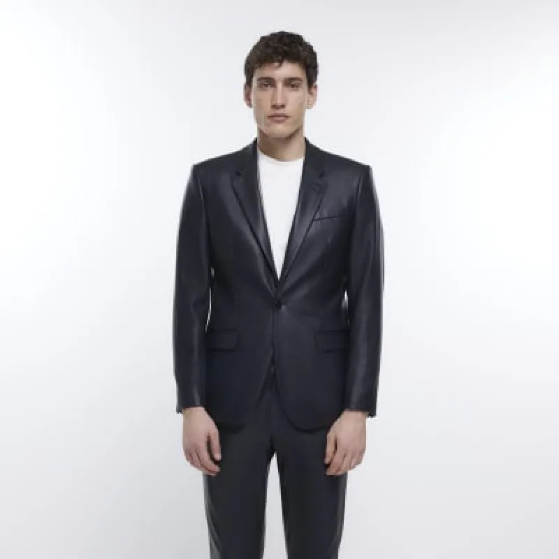 Black slim fit faux leather suit jacket sold by River Island