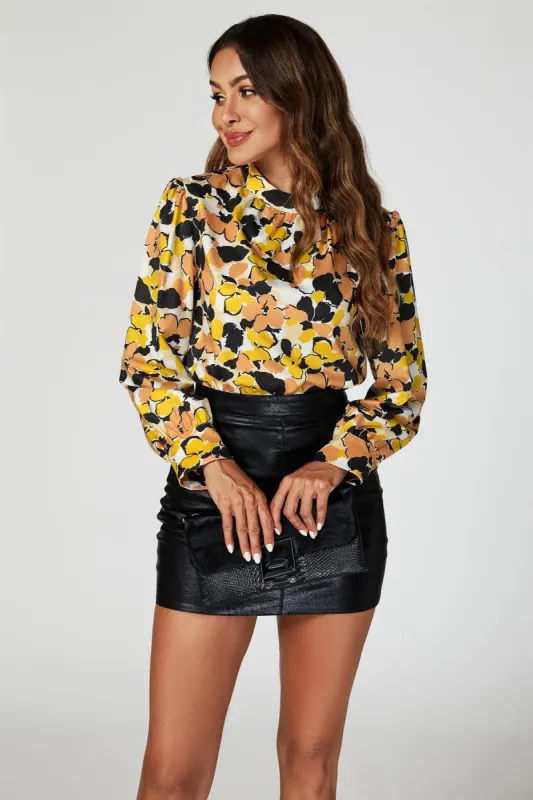 Floral Print Long Sleeve High Neck Top In Yellow by FS Collection sold by Goddiva