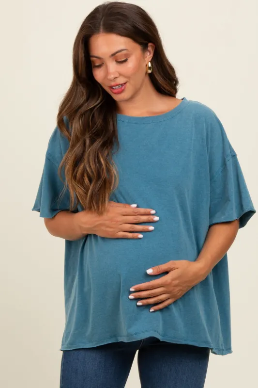 Teal Raw Rolled Hem Maternity Top sold by Pinkblush