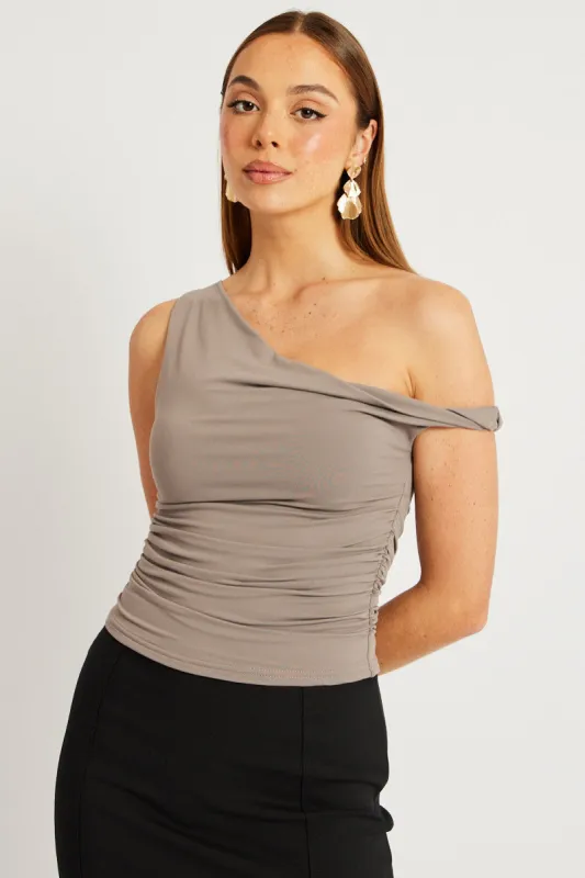 Brown Supersoft Top Twist off Shoulder sold by Ally Fashion