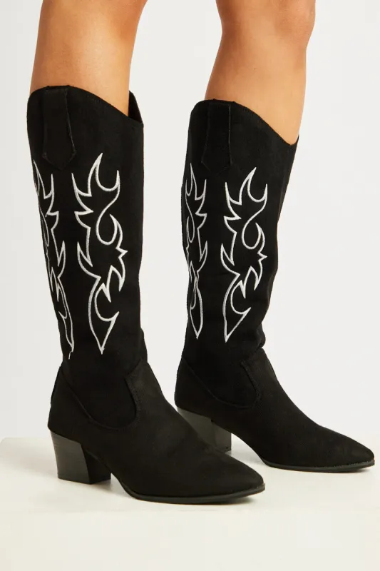 Black Suede Embroidered Western Boots sold by Ally Fashion