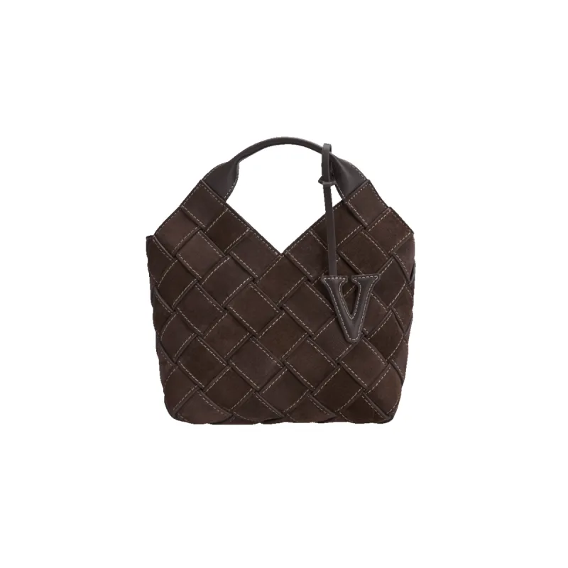 Espresso Suede Woven Basket Bag sold by VERAFIED