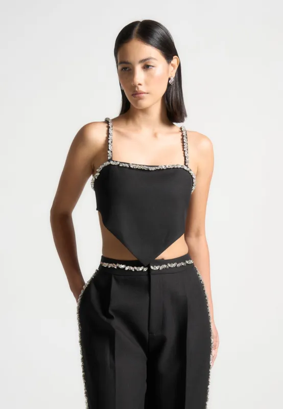 Eloise - Embellished Strap Handkerchief Top - Black sold by Maniere De Voir