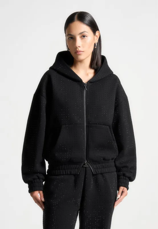 Rhinestone Zip Through Hoodie - Black sold by Maniere De Voir