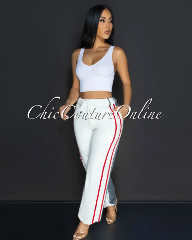 Kino White Red Stripes Denim Joggers Jeans sold by Chic Couture