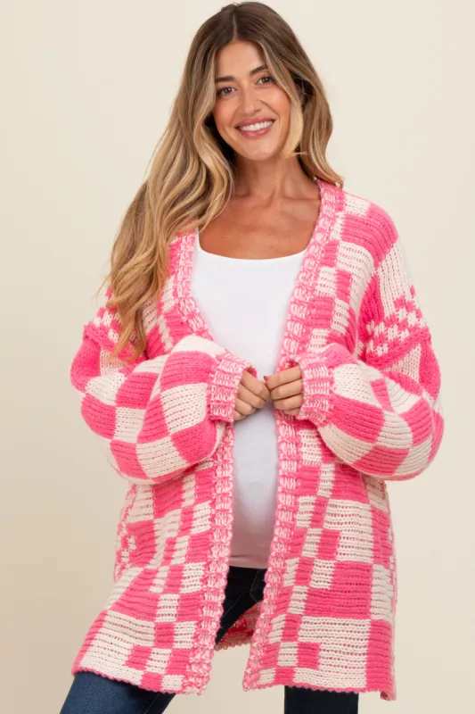 Fuchsia Mixed Check Pattern Chunky Maternity Cardigan sold by Pinkblush