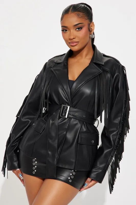 Cause A Scene Faux Leather Fringe Jacket - Black sold by Fashion Nova