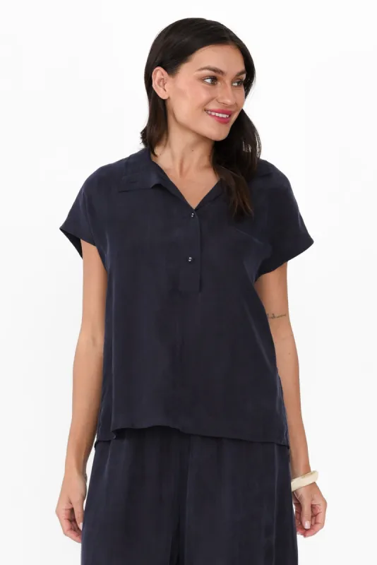 Vault Navy Cupro Collared Top sold by Blue Bungalow