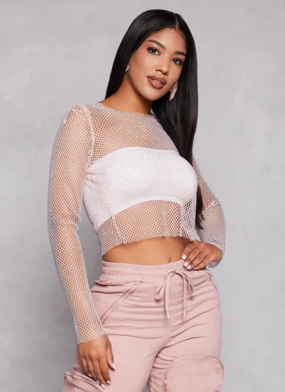 Long Sleeve Rhinestone Fishnet Top sold by Rainbow