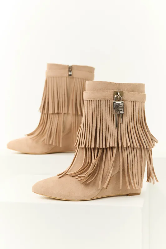 Nude Fringe Wedge Ankle Booties sold by Lime Lush