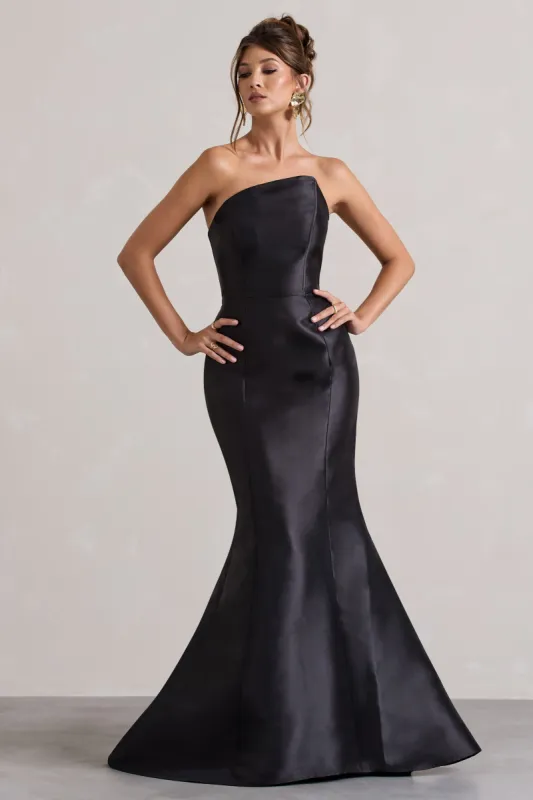 Define | Black Satin Asymmetric Fishtail Maxi Dress sold by Club L London