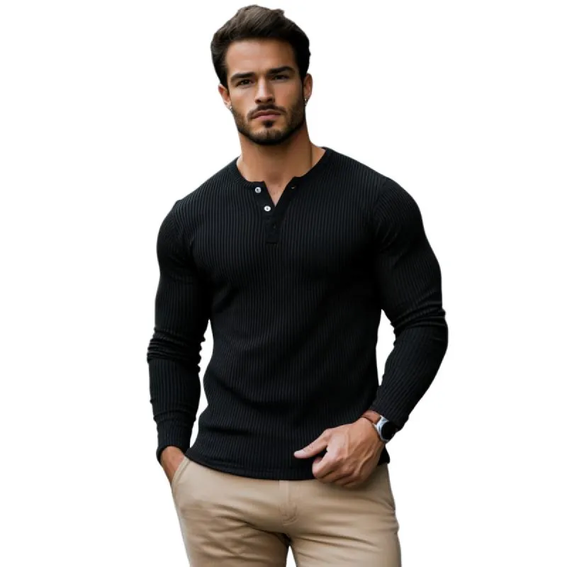 Men's Casual Rib Stripe Henley Collar Slim Fit Long Sleeve T-Shirt 68992413M sold by Manly
