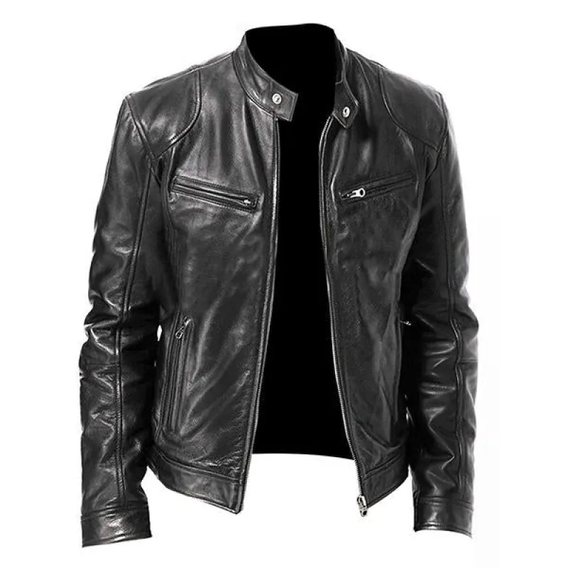 Men's Stand Collar Slim Fit Zip Pocket Leather Jacket 11770989M sold by Manly