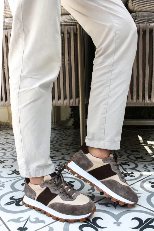 Men's Beige and Grey Suede Casual Sneakers with Brown Accents - Wessi sold by Wessi