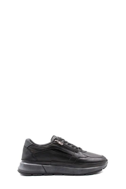 Men's Black Leather Sneakers with Side Zipper and Warm Fur Lining - Wessi sold by Wessi