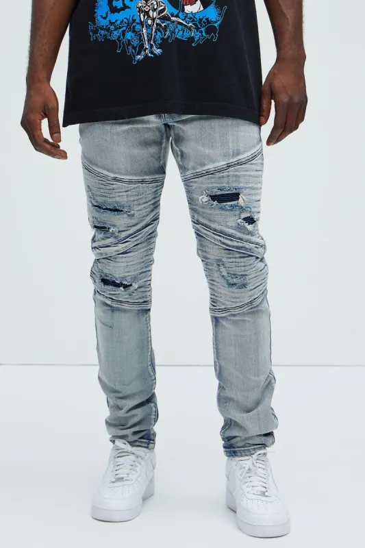 Moto Racing Stacked Skinny Jeans - Light Blue Wash sold by Fashion Nova