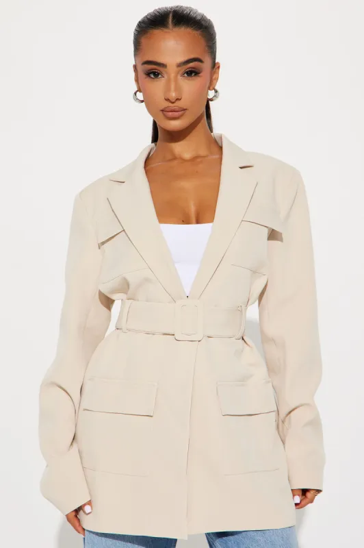 About The Business Belted Blazer - Sand sold by Fashion Nova