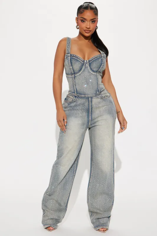 Chasing A Dream Embellished Denim Jumpsuit - Vintage Wash sold by Fashion Nova