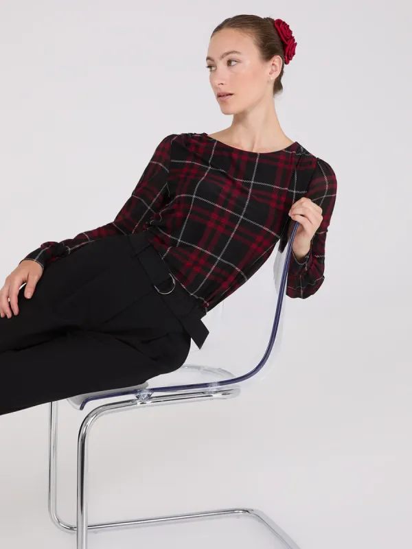Plaid Long Chiffon Sleeve Boat Neck Top sold by Suzy Shier