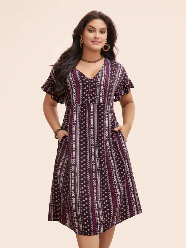 Bandana Print Pocket V Neck Ruffle Sleeve Dress sold by Bloomchic