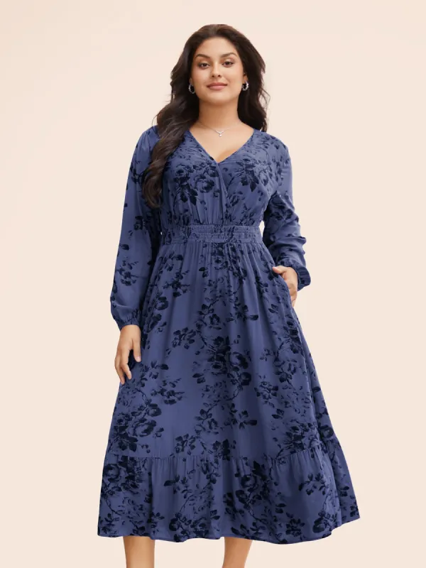 Floral Wrap Lantern Sleeve Pocket Shirred Ruffle Hem Dress sold by Bloomchic