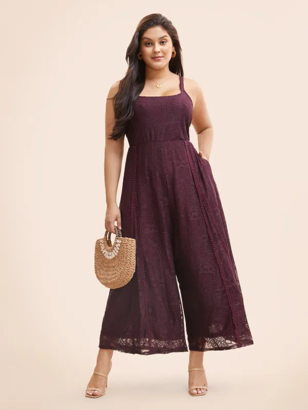 Square Neck Lace Panel Gathered Jumpsuit sold by Bloomchic