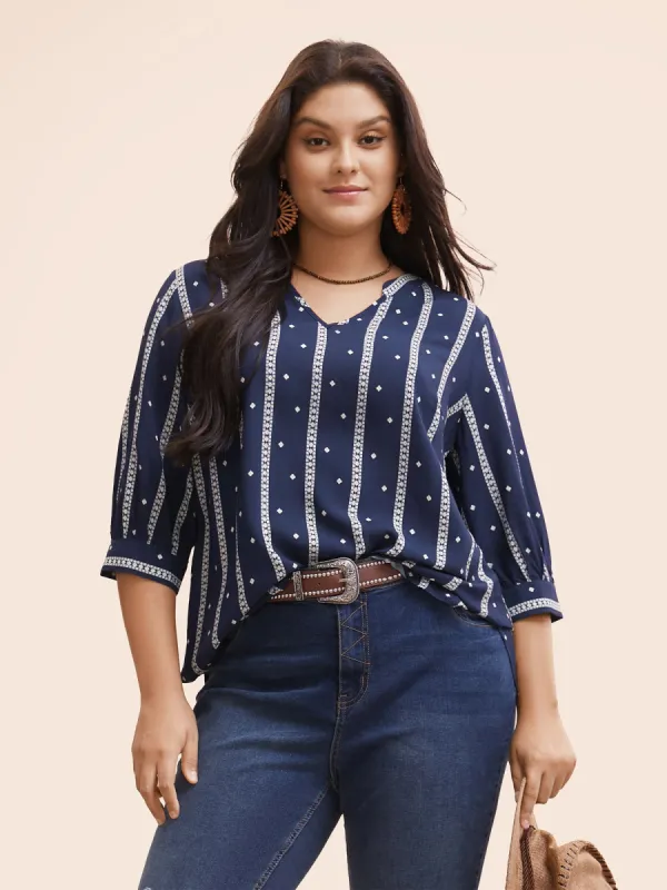 Striped Geometric Notched Gathered Blouse sold by Bloomchic