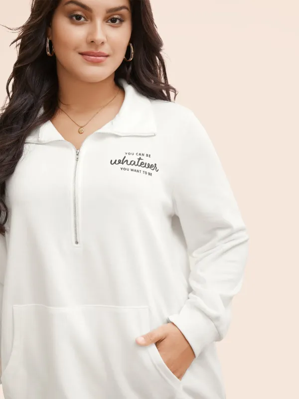 Letter Print Half Zip Kangaroo Pocket Sweatshirt sold by Bloomchic