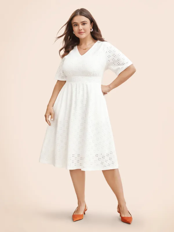 Solid Pocket Laser Cut Surplice Neck Knee Dress sold by Bloomchic