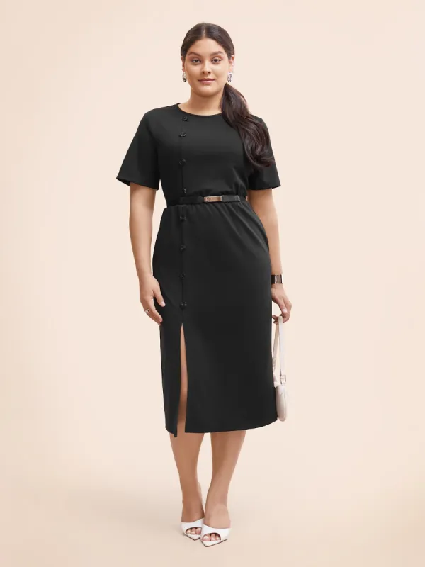 Round Neck Button Detail Split Hem Dress sold by Bloomchic