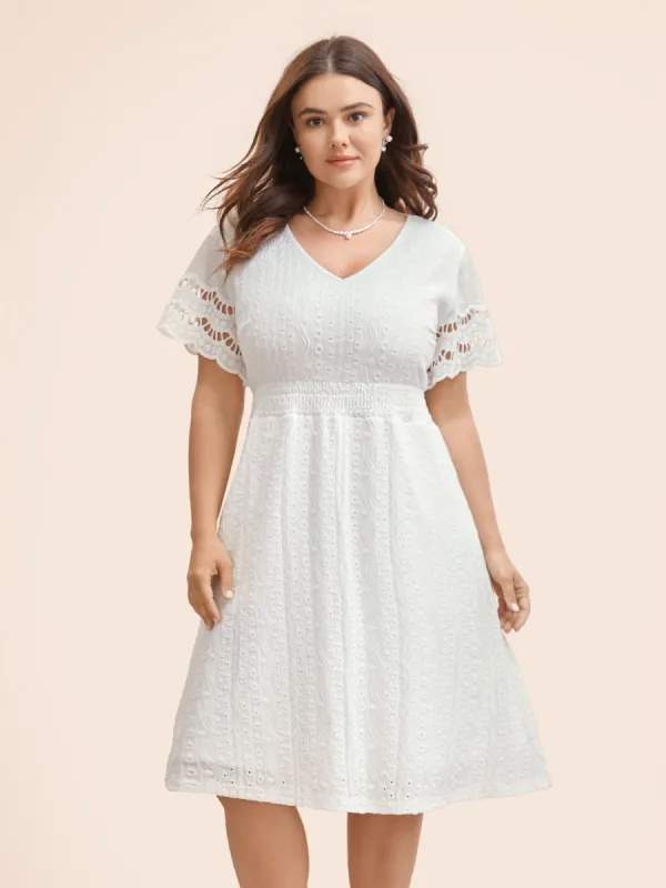 V Neck Shirred Lace Patchwork Dress sold by Bloomchic
