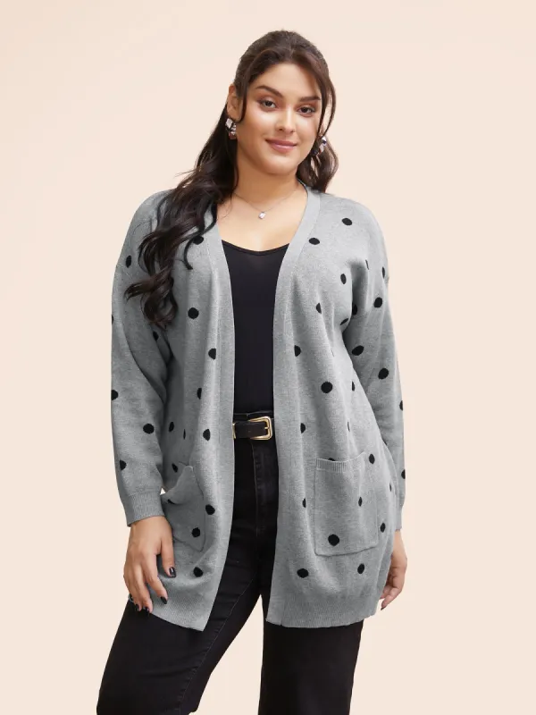 Polka Dot Kimono Collar Patch Pocket Cardigan sold by Bloomchic