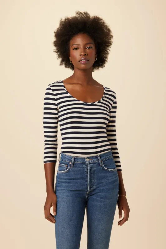 Cara 3/4 Sleeve Reverie Knit Tee - Navy and Ivory Stripe - ReAmour sold by Amour Vert